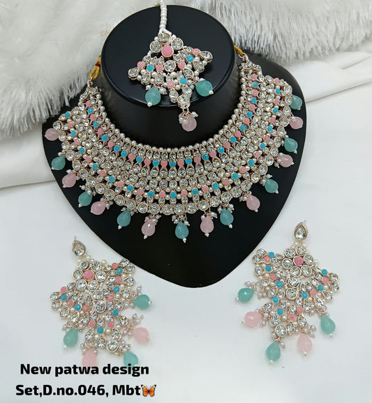Mint Blue & Peach Pink Patwa Choker Jewellery Set