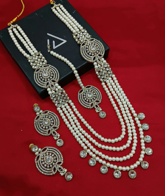 Pearl & White Stone Long Necklace Set