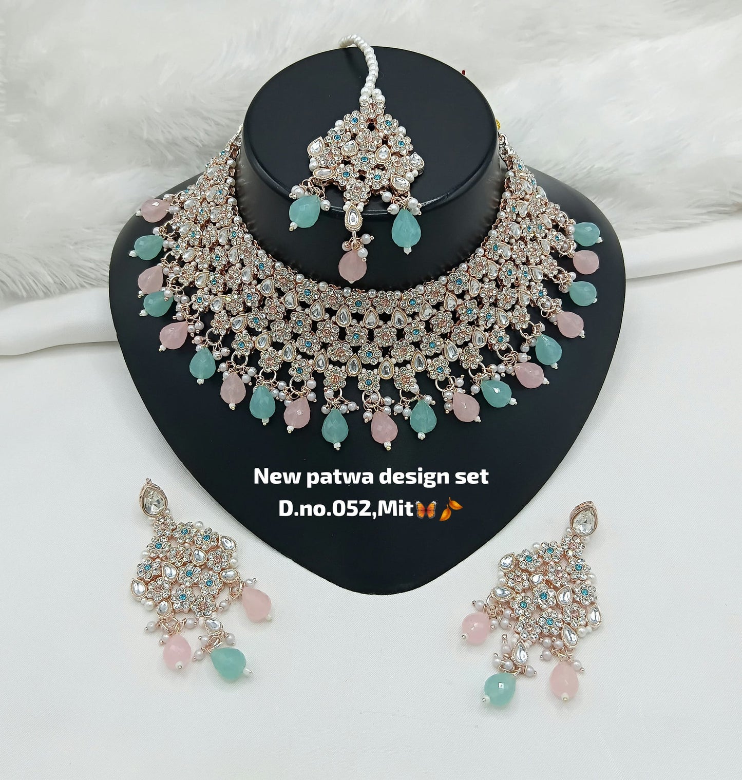 Pastel Pink Droplets Studded Rose Gold Choker Set