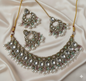 Traditional Antique Gold Finish Choker Necklace Set with Pearl Drop Earrings and Mangtika