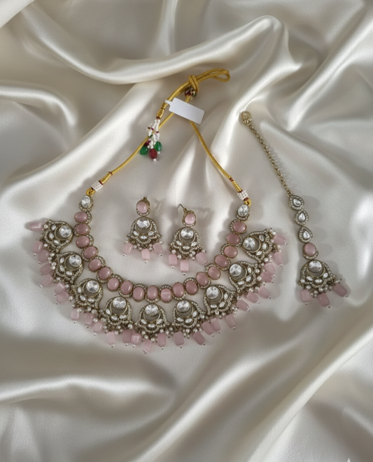 Ruby Pink Handcrafted Droplet Beads Choker Set For Woman