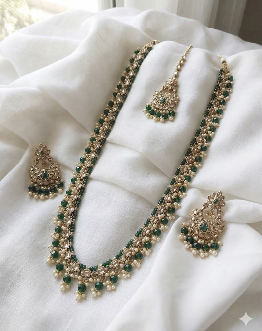Champagne Stone & Pearl Beaded Long Necklace Set