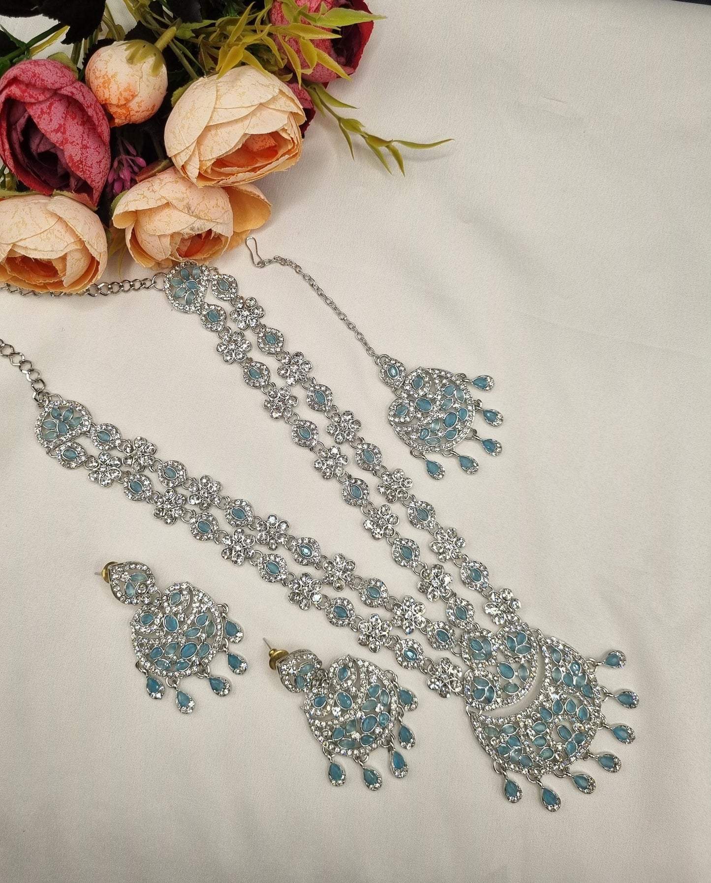 Crystal Floral Long Necklace Set with Earrings & Maang Tikka
