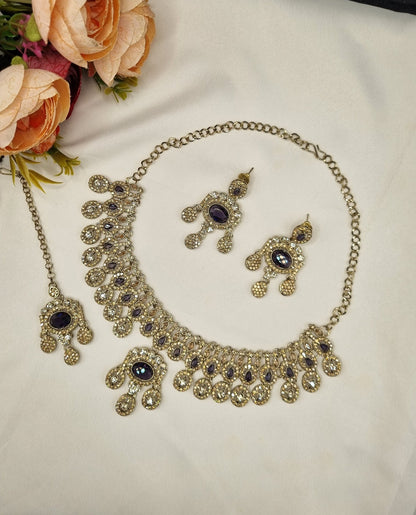 Luxury Crystal Choker Necklace Set with Earrings & Maang Tikka
