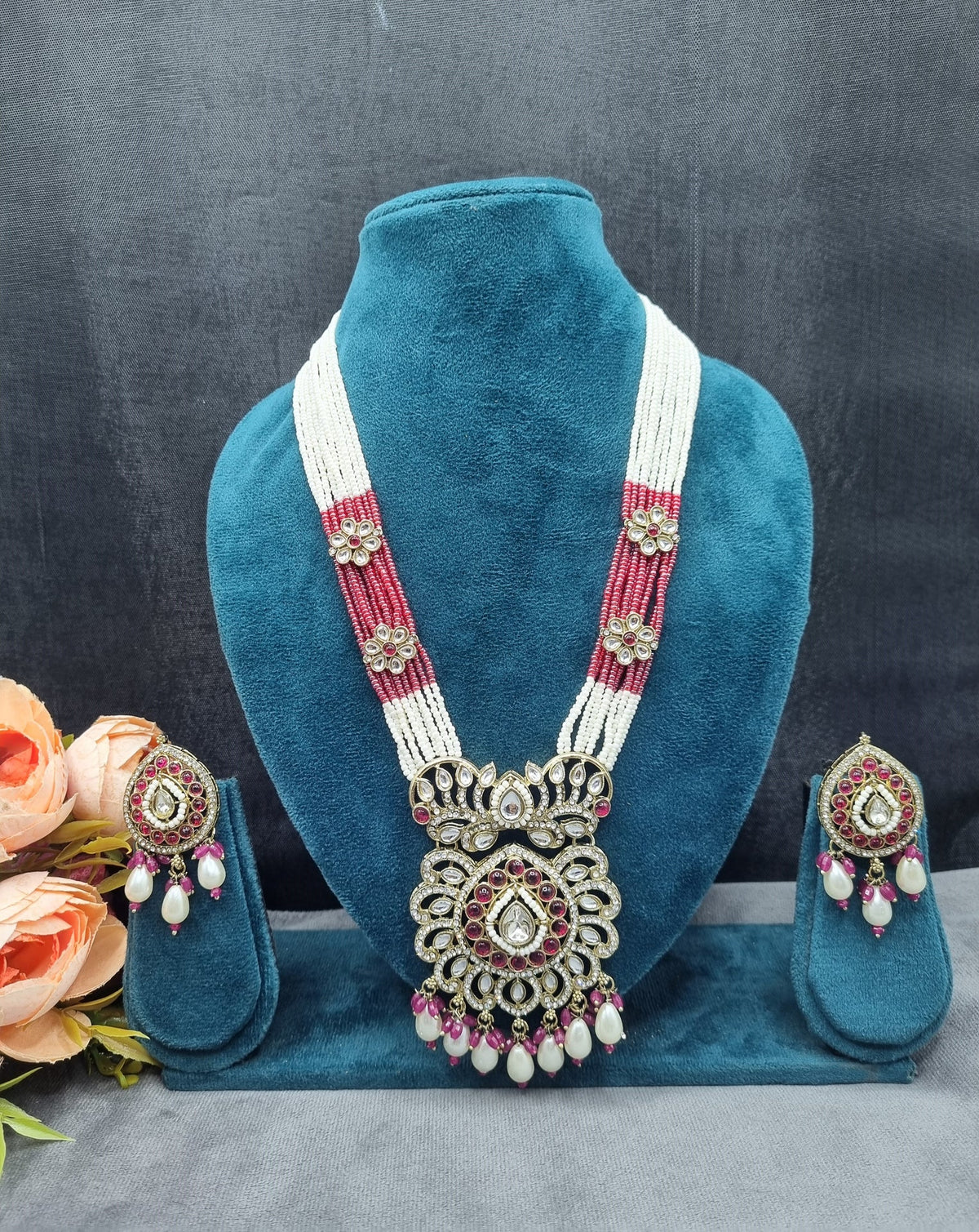 Multi-Strand Beaded Floral Pendant Long jewellery set