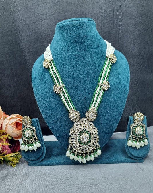 INTRICATE LAYERED PEARL & STONE PENDANT HAAR NECKLACE SET WITH EARRINGS