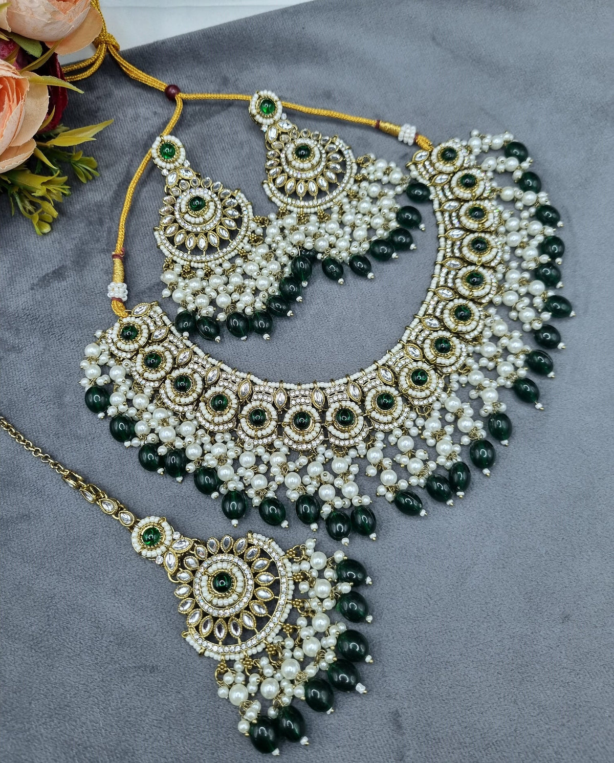 Ornate Choker Necklace, Earrings & Maangtikka Set