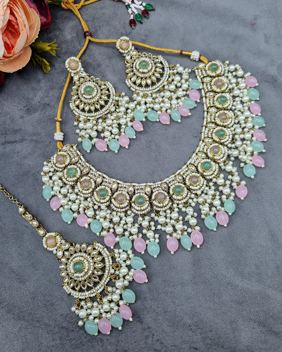 Ornate Choker Necklace, Earrings & Maangtikka Set