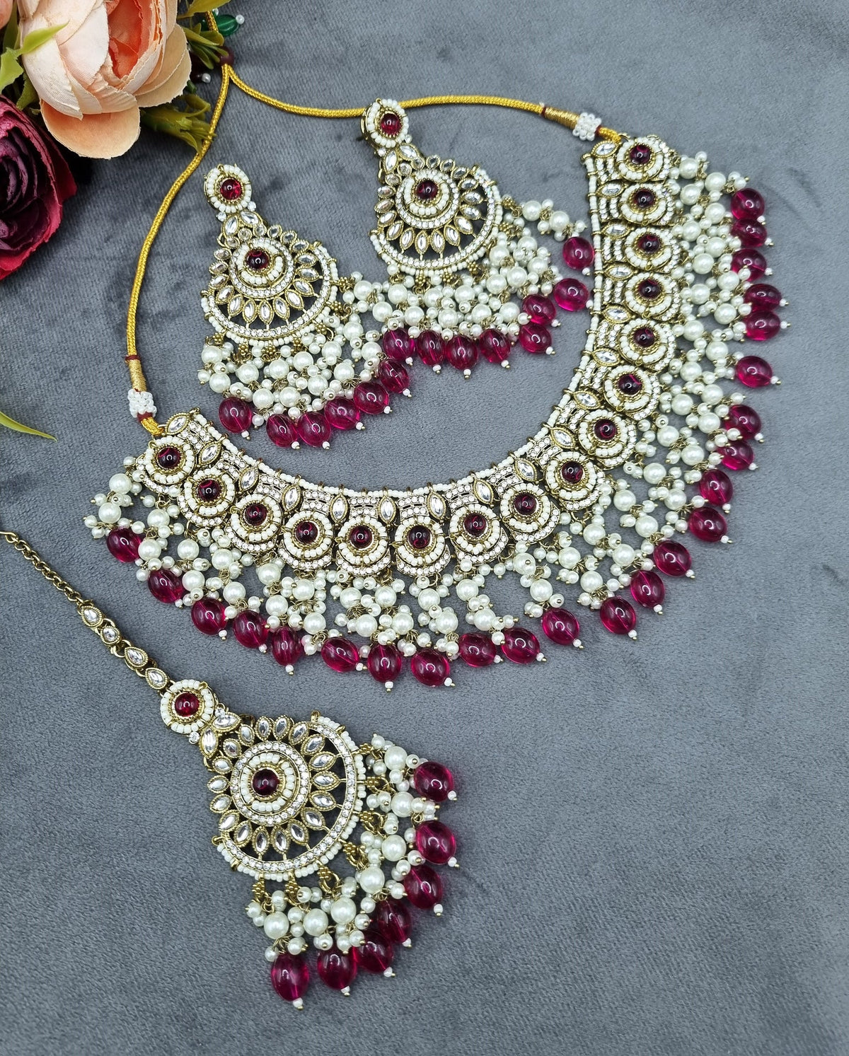 Ornate Choker Necklace, Earrings & Maangtikka Set