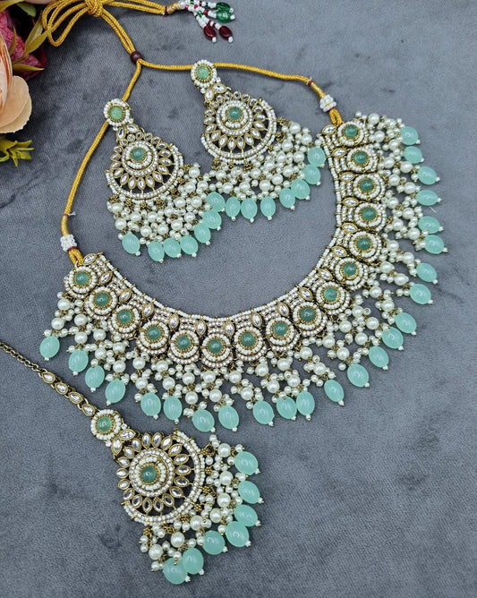 Ornate Choker Necklace, Earrings & Maangtikka Set