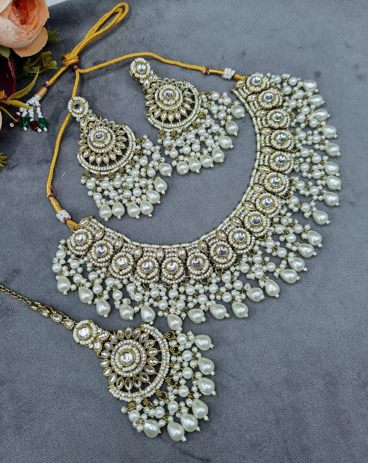 Ornate Choker Necklace, Earrings & Maangtikka Set