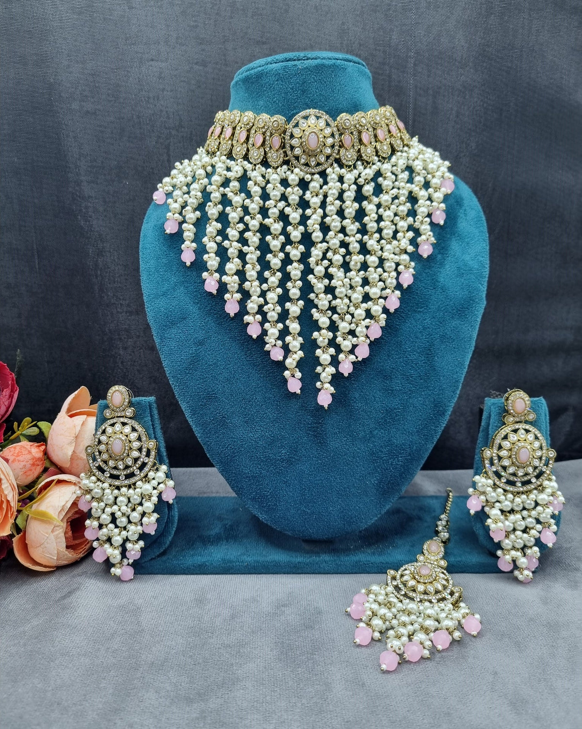 Elegant Pearl Jhallar Choker Necklace Set with Earrings & Maangtikka