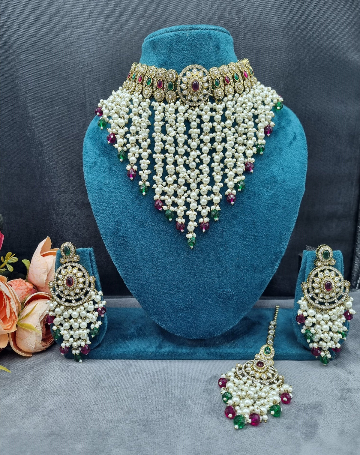 Elegant Pearl Jhallar Choker Necklace Set with Earrings & Maangtikka