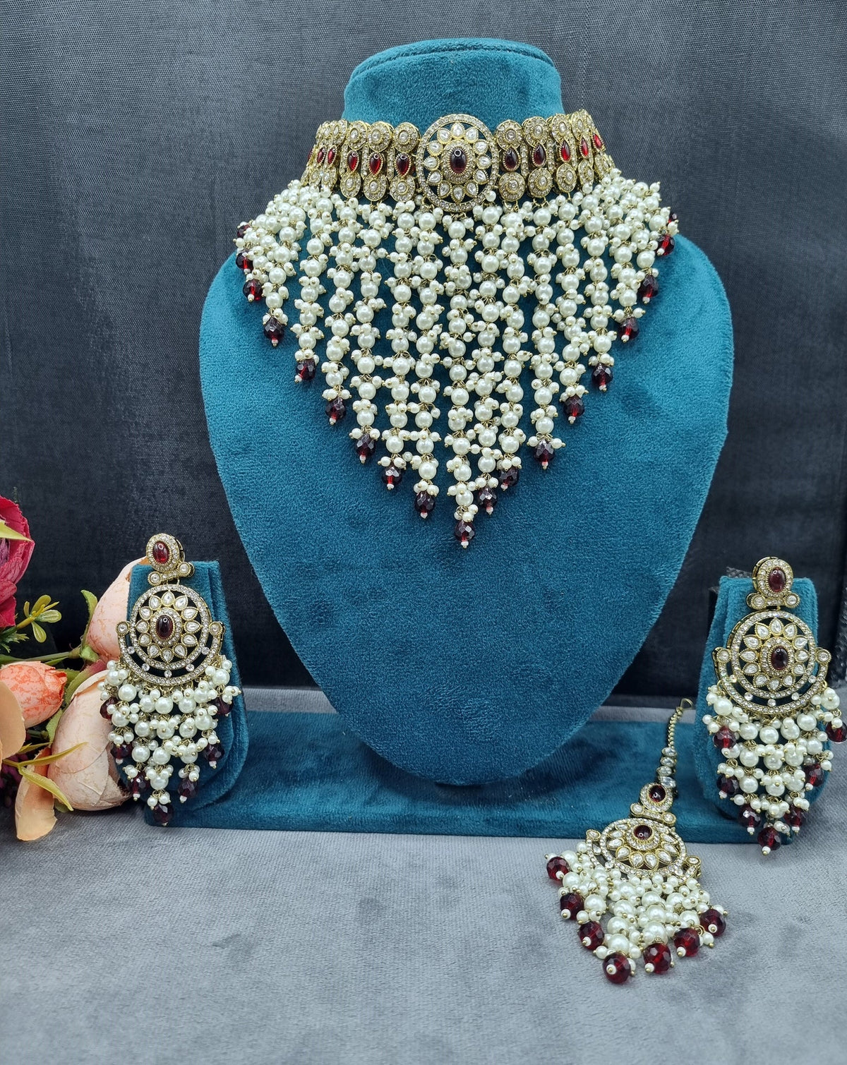 Elegant Pearl Jhallar Choker Necklace Set with Earrings & Maangtikka