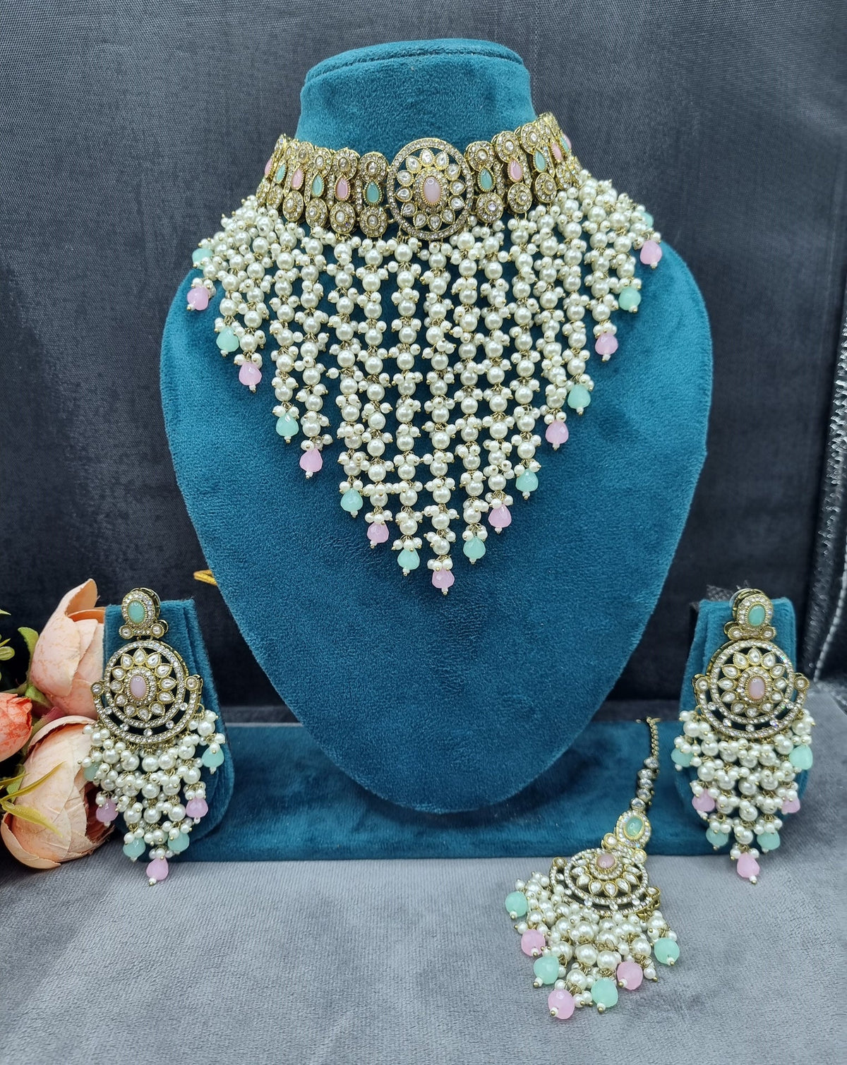 Elegant Pearl Jhallar Choker Necklace Set with Earrings & Maangtikka