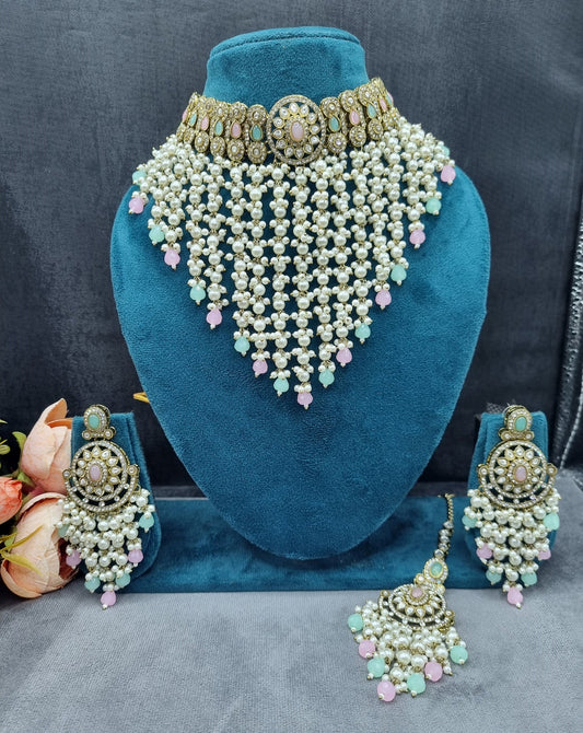 Elegant Pearl Jhallar Choker Necklace Set with Earrings & Maangtikka