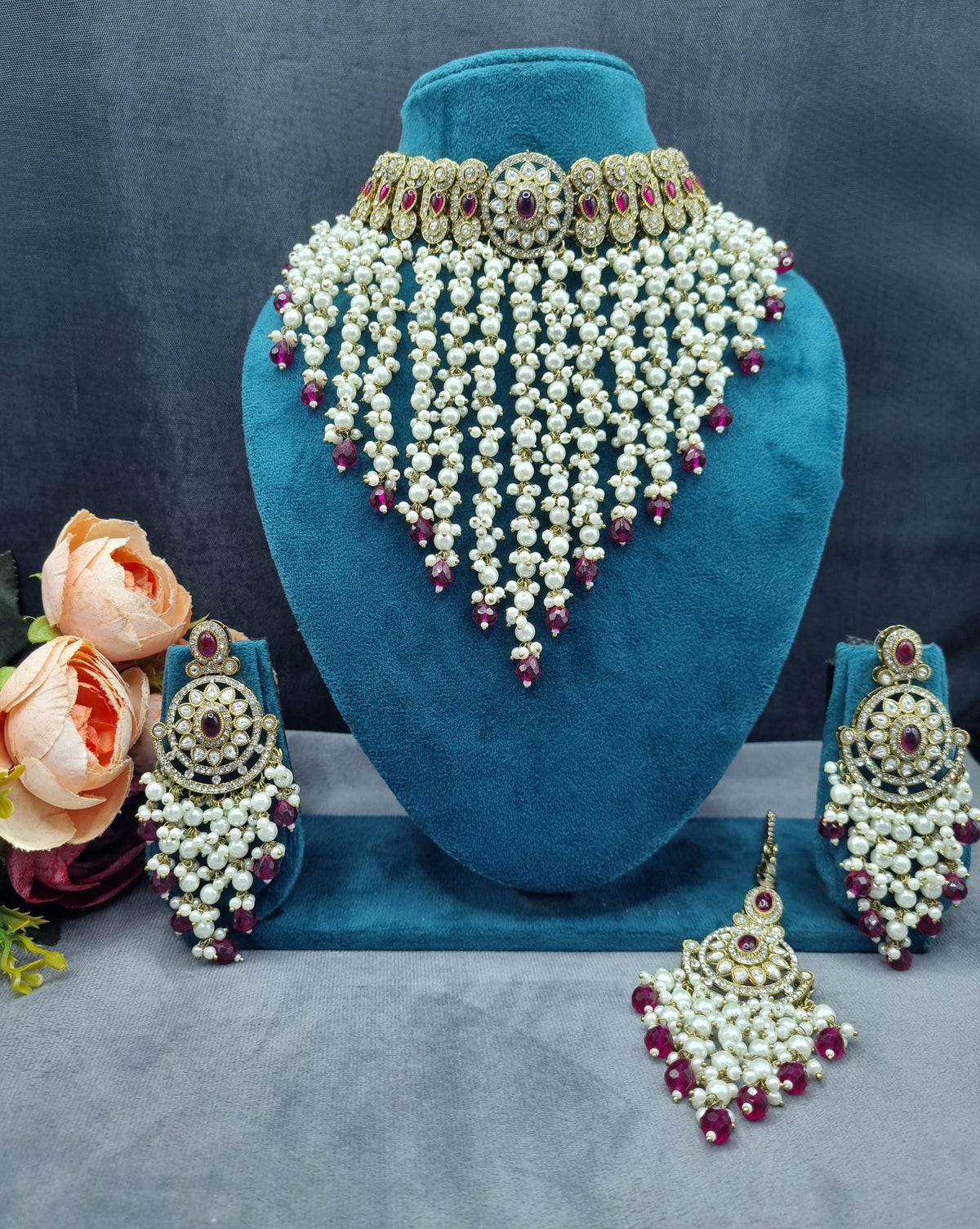 Elegant Pearl Jhallar Choker Necklace Set with Earrings & Maangtikka