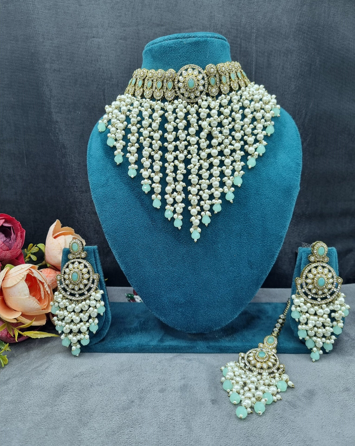 Elegant Pearl Jhallar Choker Necklace Set with Earrings & Maangtikka