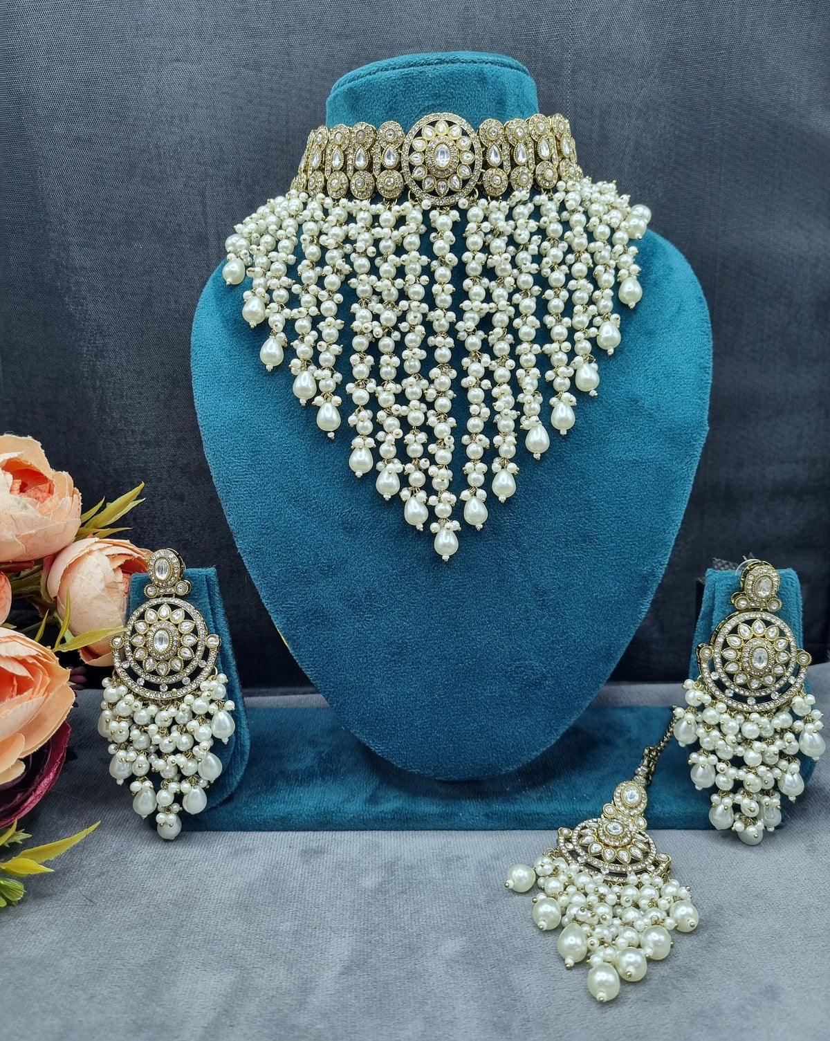 Elegant Pearl Jhallar Choker Necklace Set with Earrings & Maangtikka