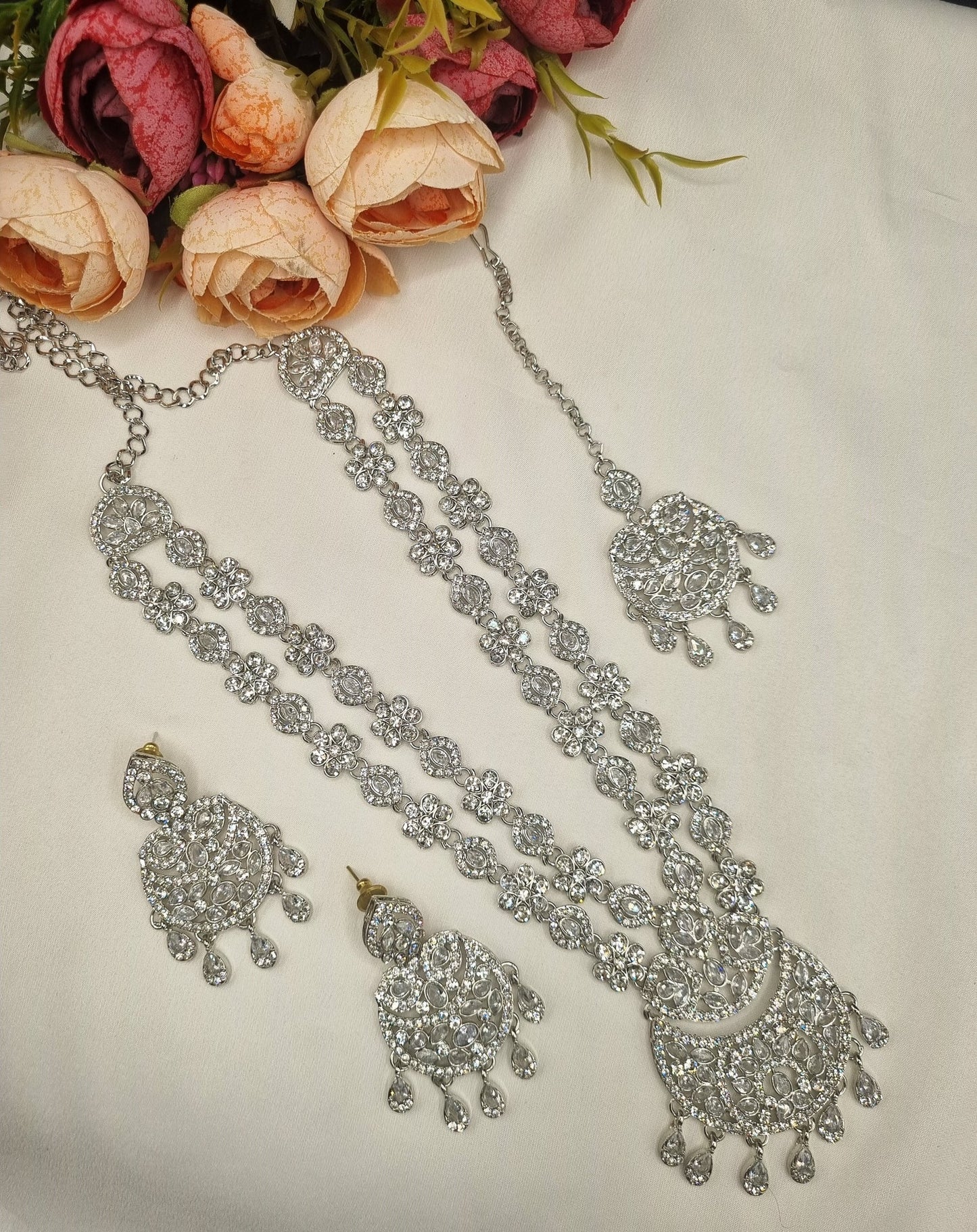 Crystal Floral Long Necklace Set with Earrings & Maang Tikka