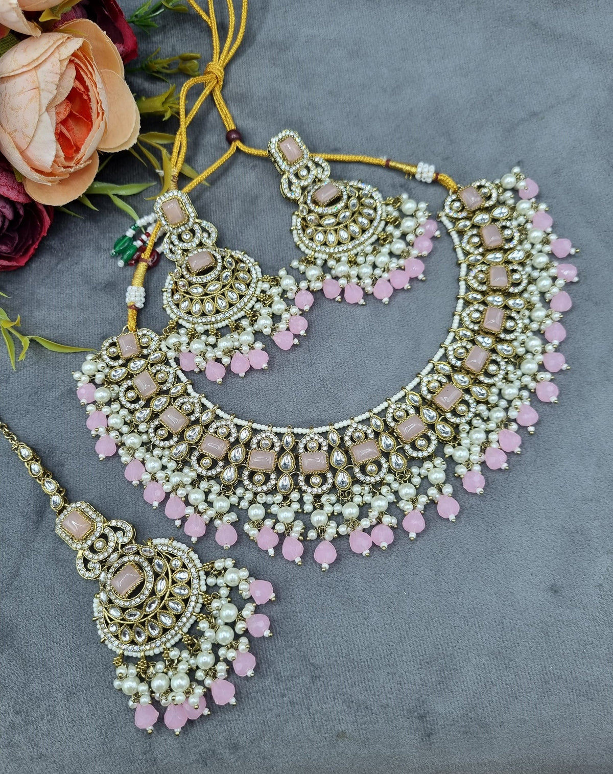 Indian Choker Necklace Set with Earrings & Maang Tikka