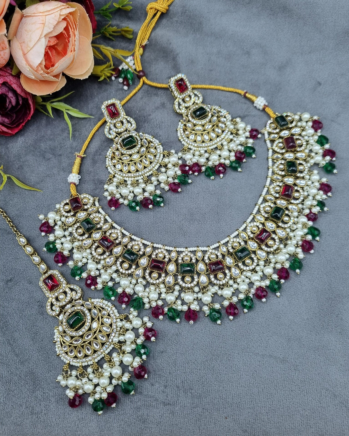 Indian Choker Necklace Set with Earrings & Maang Tikka