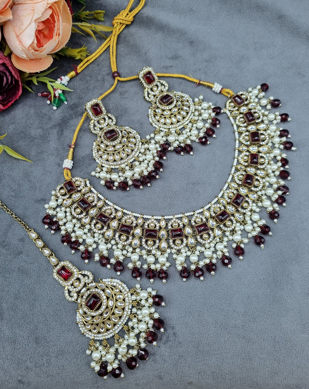 Indian Choker Necklace Set with Earrings & Maang Tikka