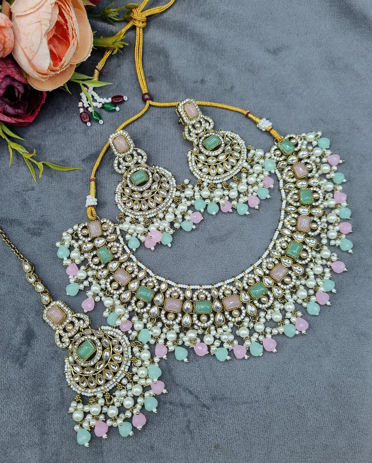 Indian Choker Necklace Set with Earrings & Maang Tikka