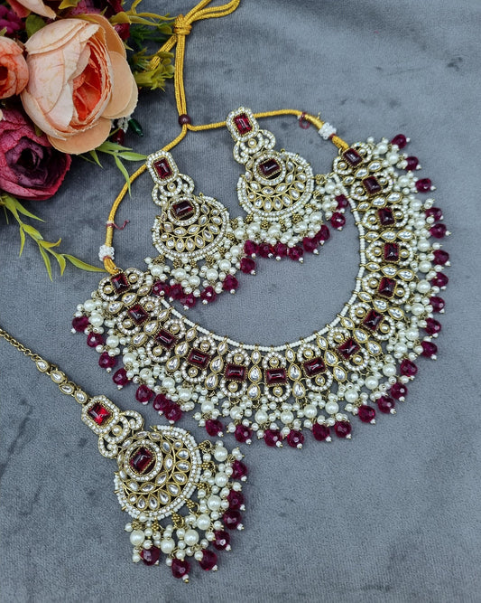 Indian Choker Necklace Set with Earrings & Maang Tikka