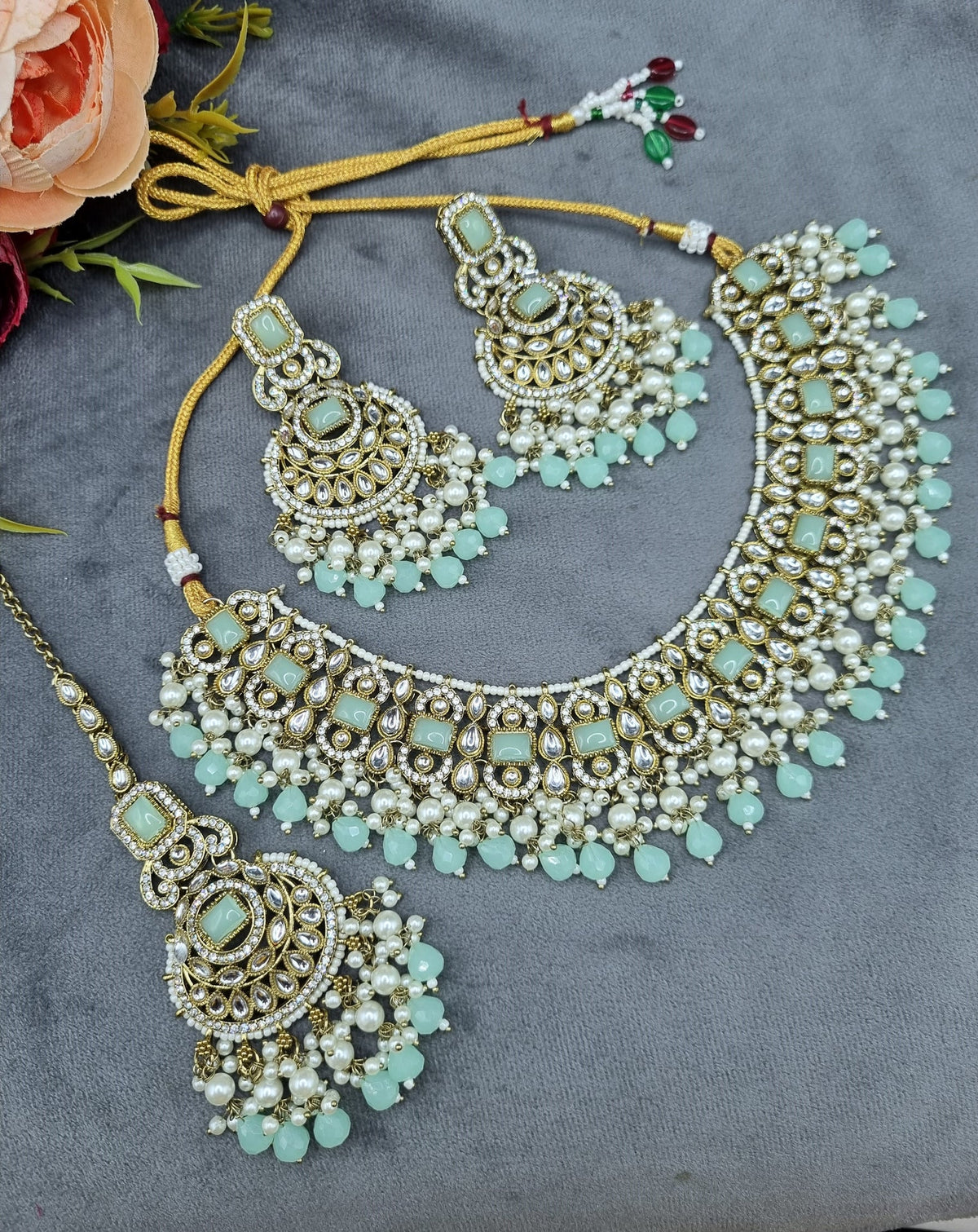 Indian Choker Necklace Set with Earrings & Maang Tikka