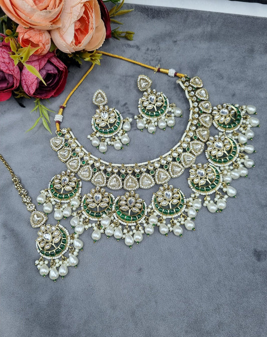 Royal Chandbali & Pearl Bridal Jewelry Set with Earrings & Maang Tikka