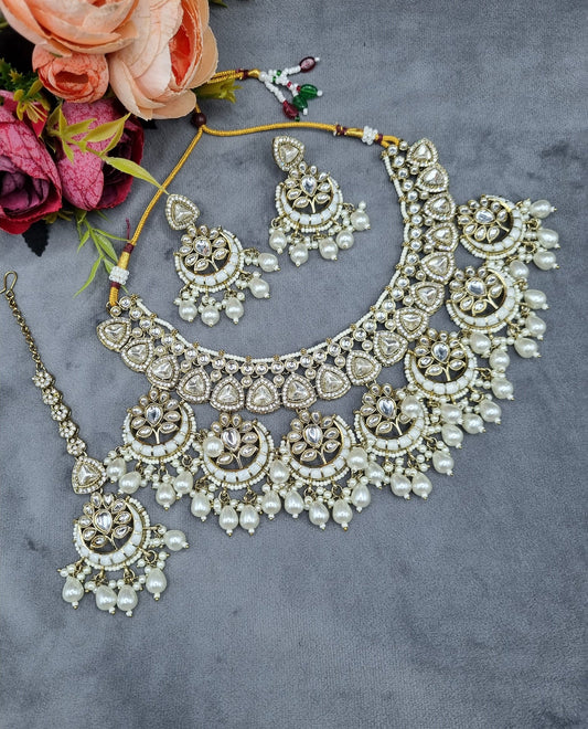 Royal Chandbali & Pearl Bridal Jewelry Set with Earrings & Maang Tikka