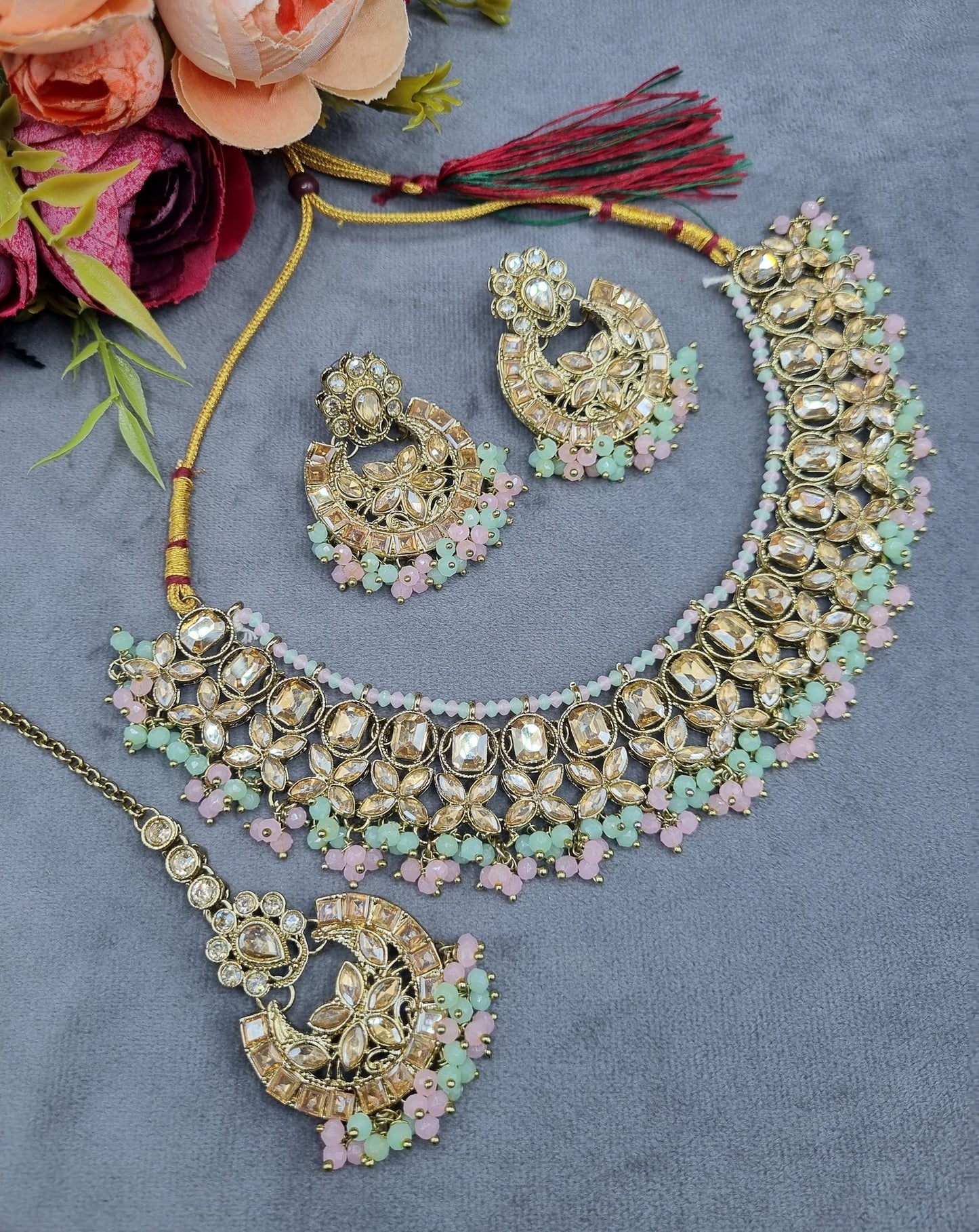 Antique Gold Necklace Set with Earrings & Maangtikka