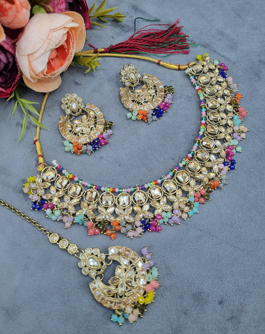 Antique Gold Necklace Set with Earrings & Maangtikka