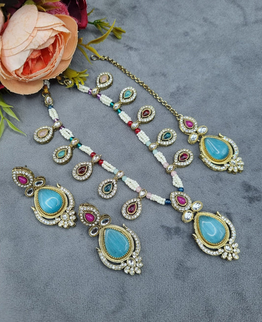 Antique Gold Teardrop Pendant Necklace Set with Earrings & Maangtikka