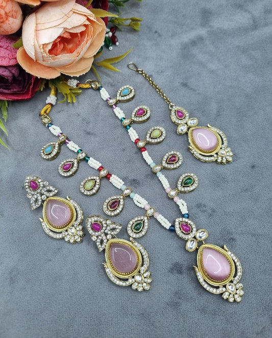 Antique Gold Teardrop Pendant Necklace Set with Earrings & Maangtikka