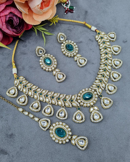 Antique Gold & Oval Accent Choker Necklace Set with Earrings & Maangtikka
