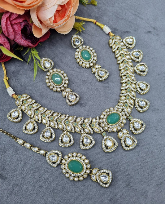 Antique Gold & Oval Accent Choker Necklace Set with Earrings & Maangtikka
