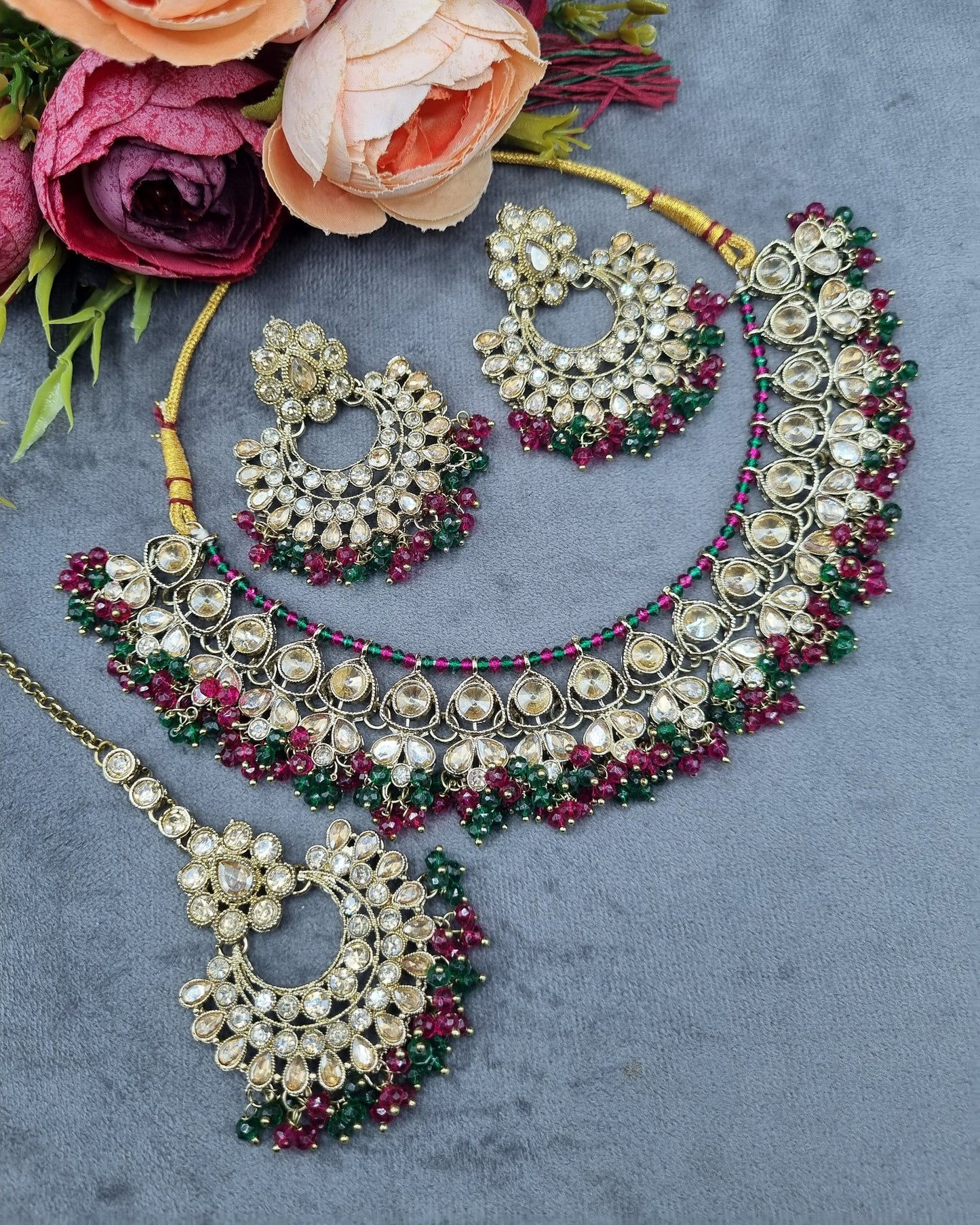 Antique Gold Finish Crystal Necklace Set with Earrings & Maang Tikka
