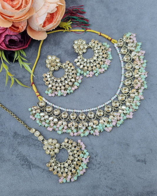 Antique Gold Finish Crystal Necklace Set with Earrings & Maang Tikka