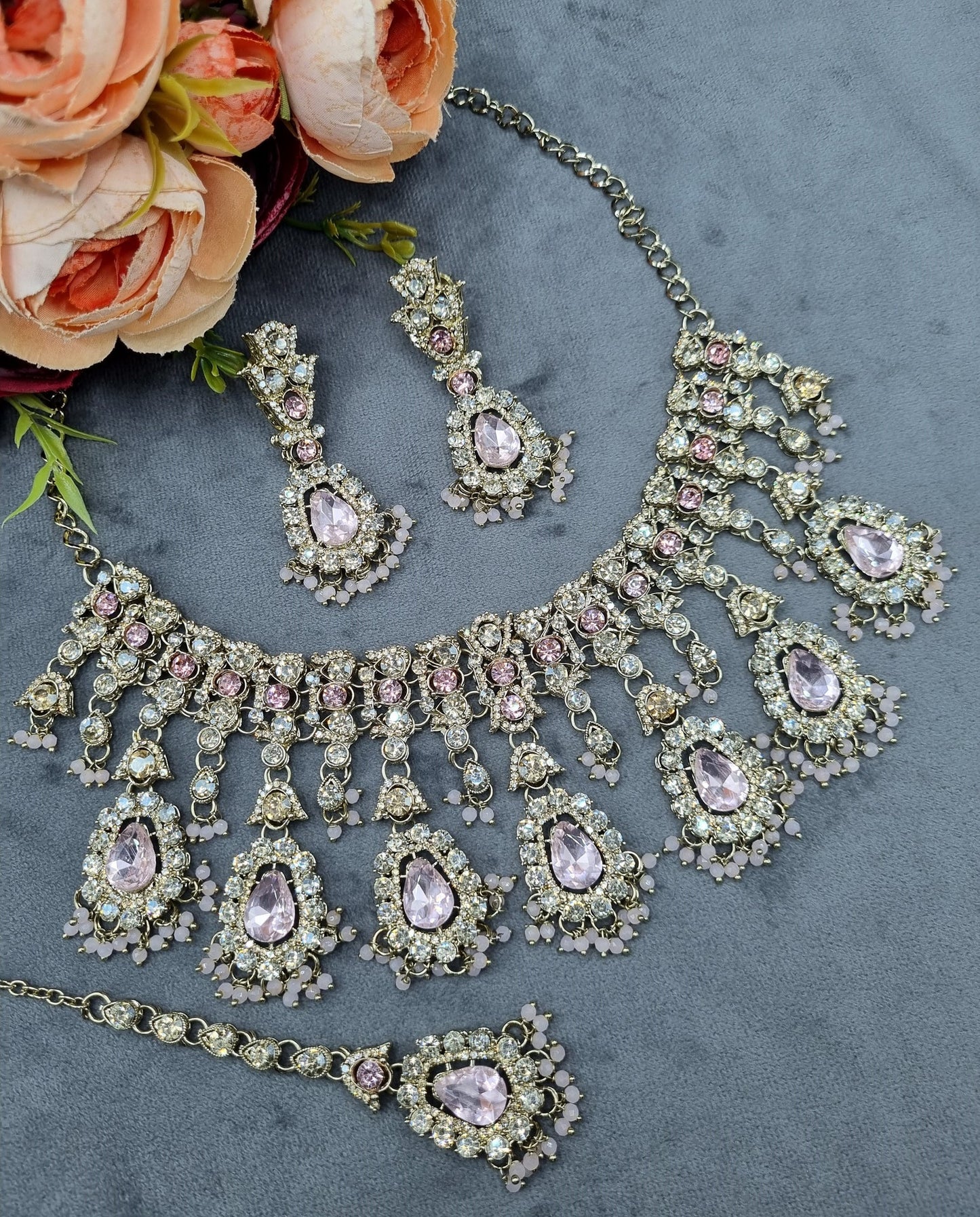 Antique Gold Crystal Teardrop Jewelry Set
