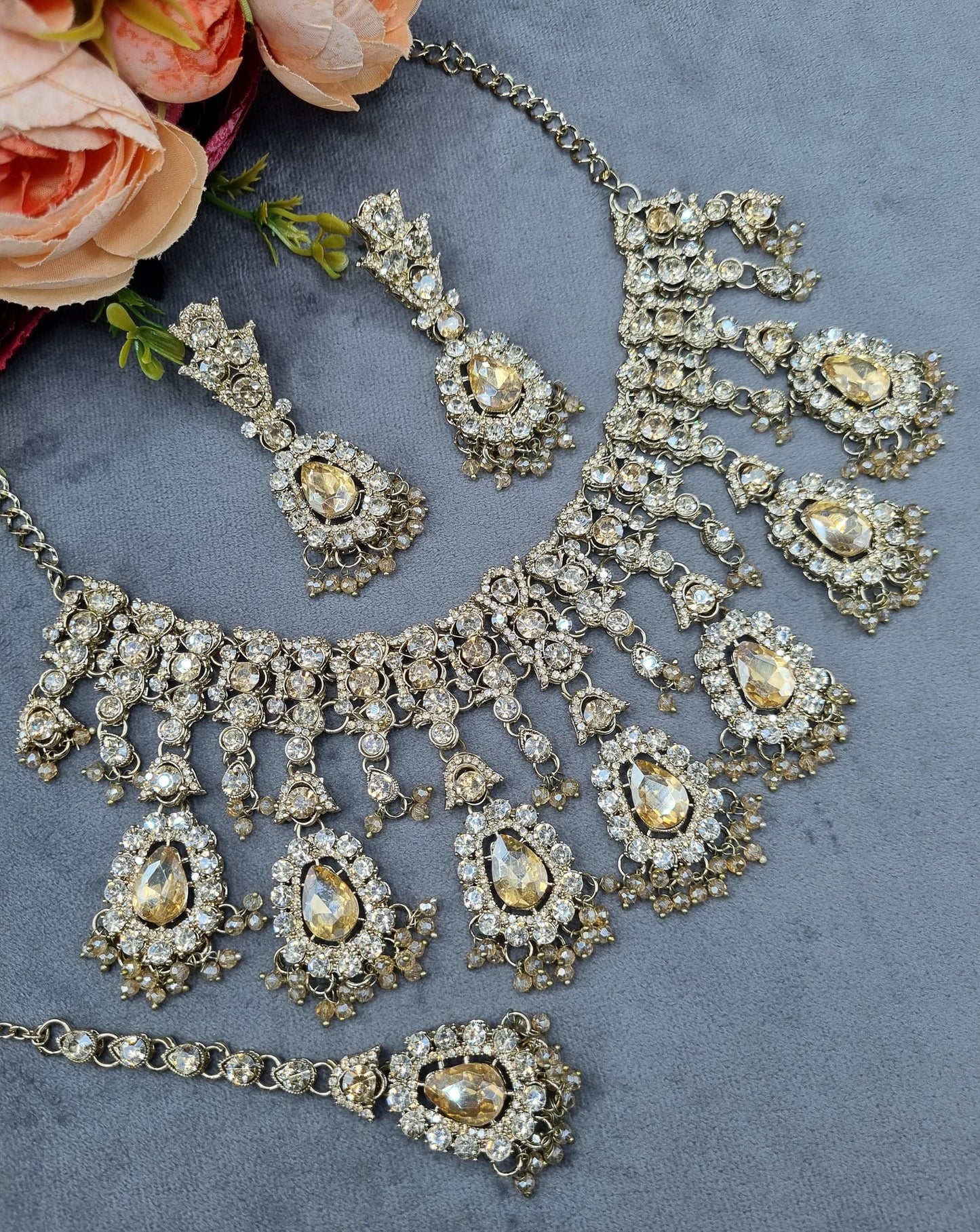 Antique Gold Crystal Teardrop Jewelry Set
