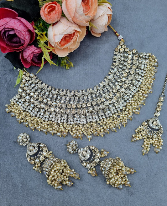 Bridal Rhinestone & Pearl Choker Necklace Set with Earrings & Maang Tikka