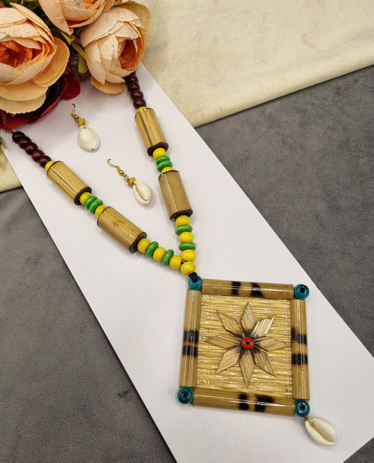 Handcrafted Bamboo & Floral Wooden Pendant Set