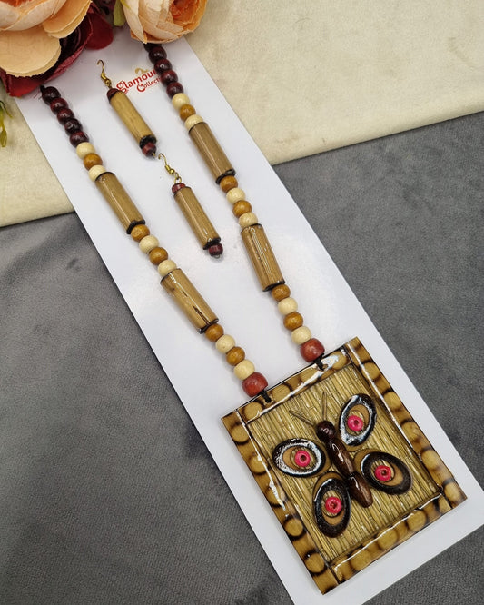 Handcrafted Bamboo & Wooden Butterfly Pendant Necklace Set with Earrings