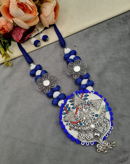 Handcrafted Fabric & Oxidized Tribal Pendant Necklace Set with Earrings