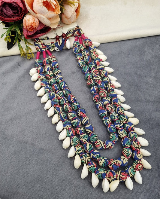 Handcrafted Multi-Layered Fabric Bead & Cowrie Shell Necklace Set