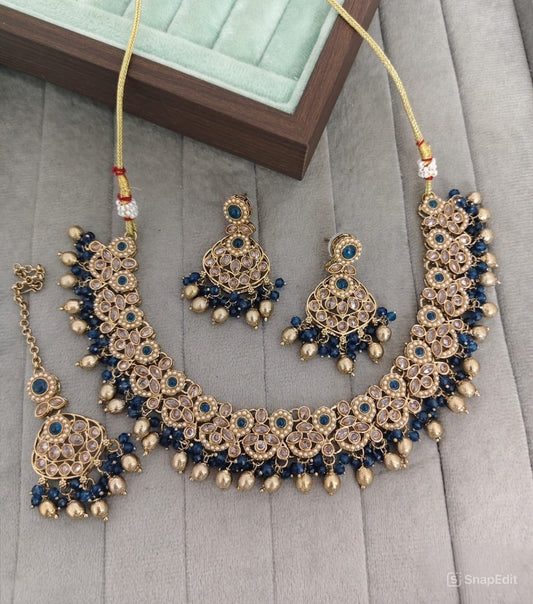 Traditional Antique Gold Pearl & Stone Choker Jewelry Set