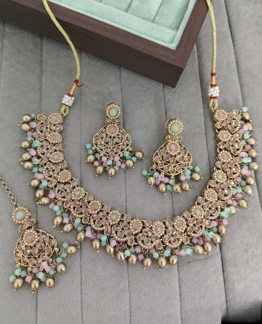 Traditional Antique Gold Pearl & Stone Choker Jewelry Set