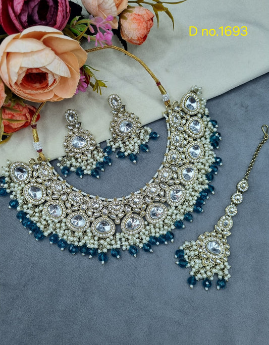 Heavy  Choker Necklace Set with Pearl Cluster Detailing & Maang Tikka